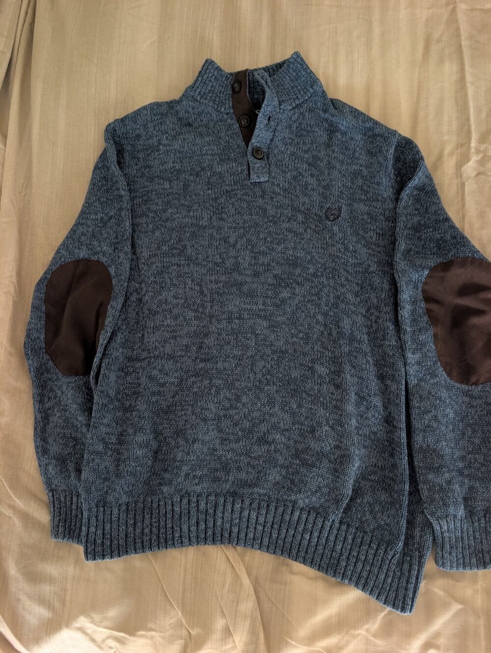 Vintage Chaps Mens Button Sweater Blue 100% Cotton Pullover Elbow Patch L